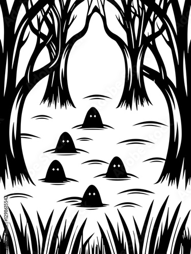 Dark fantasy SVG vector depicts cursed locations and dark places. Mysterious Forest Scene with Ghostly Figures and Dark Trees