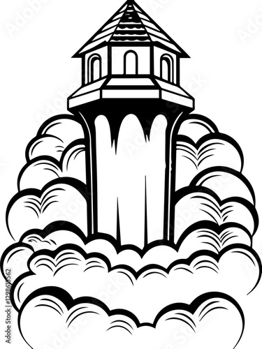 Dark fantasy SVG vector depicts cursed locations and dark places. Black and White Illustration of a Tower Surrounded by Clouds