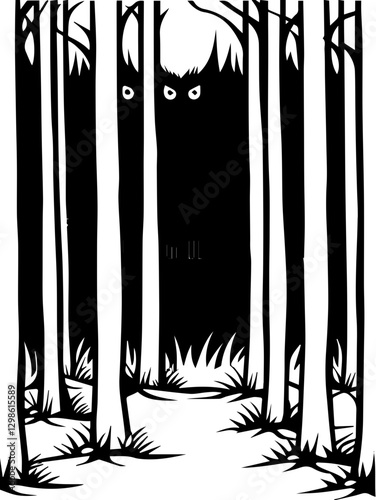 Dark fantasy SVG vector depicts cursed locations and dark places. Mysterious Forest Scene with Shadows of Unseen Creatures