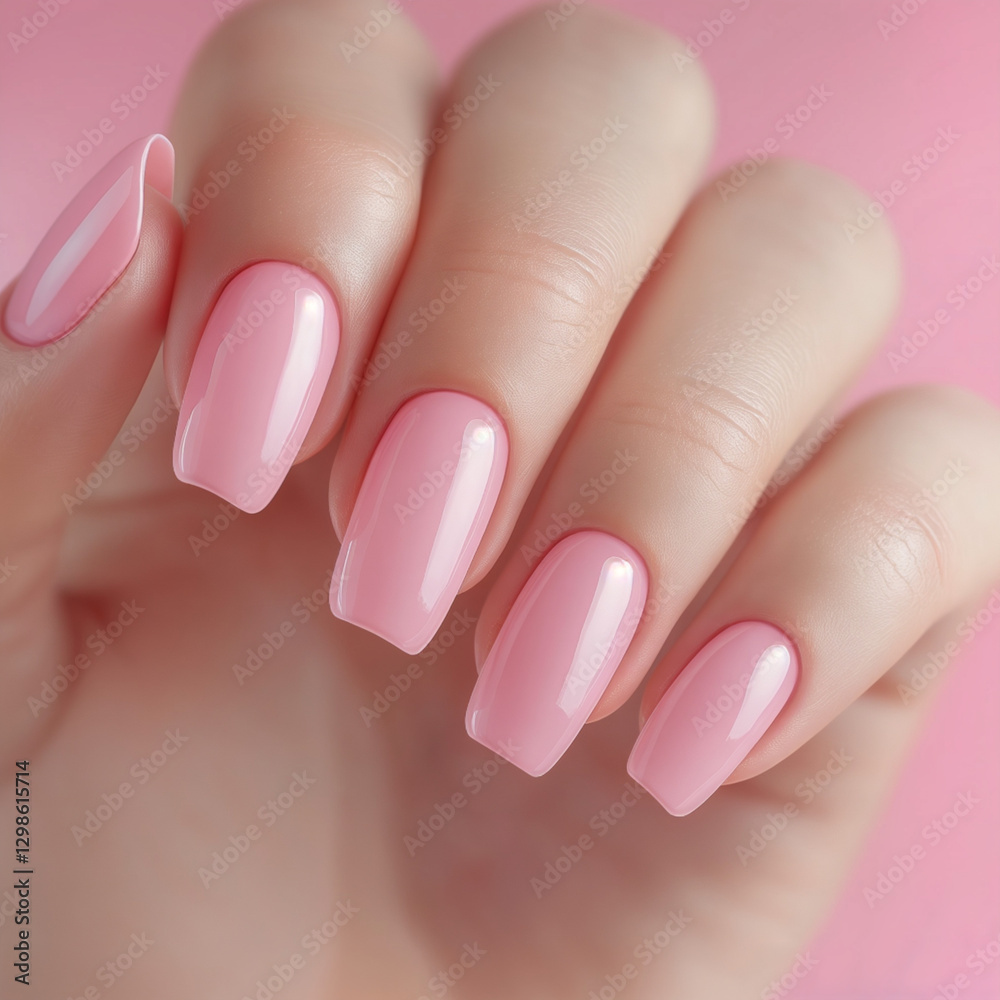 This image shows a close-up of a hand with five fingers, each adorned with neatly manicured nails painted in a glossy, light pink color. The background is a soft pink, providing a cohesive and pastel This image shows a close-up of a hand with five fingers, each adorned with neatly manicured nails painted in a glossy, light pink color. The background is a soft pink, providing a cohesive and pastel