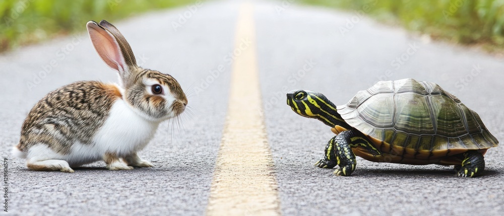 Obraz premium Rabbit and Turtle Facing Each Other on a Road