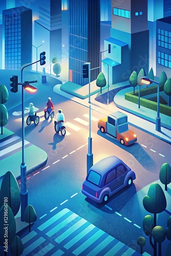 Illustrated urban scene with cyclists and cars at a lit intersection at night.