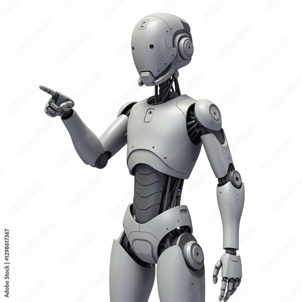 A detailed 3D model of a gray robot, positioned against a transparent background A detailed 3D model of a gray robot, positioned against a transparent background