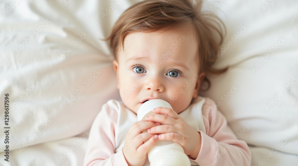 Baby girl drinking milk from bottle on white bedding. Infant nutrition and feeding. Motherhood, parenting, and childcare concept. World Breastfeeding Week, Children's Day. Baby girl drinking milk from bottle on white bedding. Infant nutrition and feeding. Motherhood, parenting, and childcare concept. World Breastfeeding Week, Children's Day.