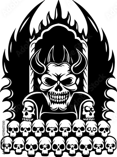 Dark fantasy SVG vector features demons monsters and hellish beings. Dark Gothic Skull Design with Horned Skull and Flames Background