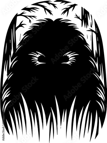 Dark fantasy SVG vector features demons monsters and hellish beings. Mysterious Dark Creature in Grassy Forest Landscape Silhouette
