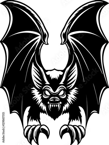 Dark fantasy SVG vector features demons monsters and hellish beings. Black and White Bat Illustration with Detailed Wings and Face