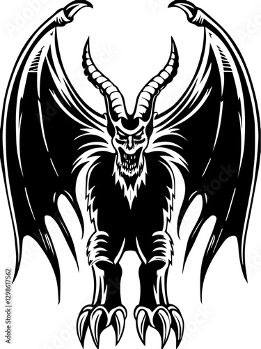 Dark fantasy SVG vector features demons monsters and hellish beings. Fierce Demon Creature with Horns and Wings in Bold Black Design