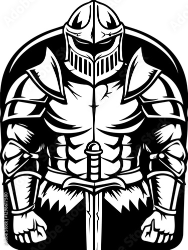 Dark fantasy SVG vector features demons monsters and hellish beings. Powerful Knight in Armor with Sword for Medieval Illustration