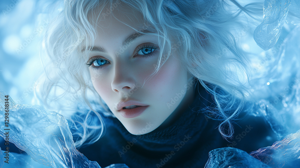Fototapeta premium Ethereal Portrait of a Young Woman with Silver Hair and Blue Eyes in Cool Toned Lighting 