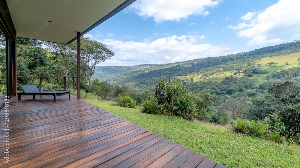 Fototapeta premium Wooden deck of a modern villa with a lounge chair overlooking a lush green valley under a blue sky.