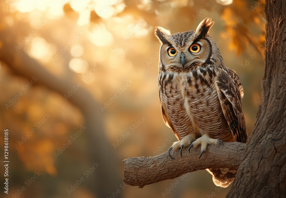 Captivating Owl Perched on a Tree Branch in Autumnal Background Captivating Owl Perched on a Tree Branch in Autumnal Background