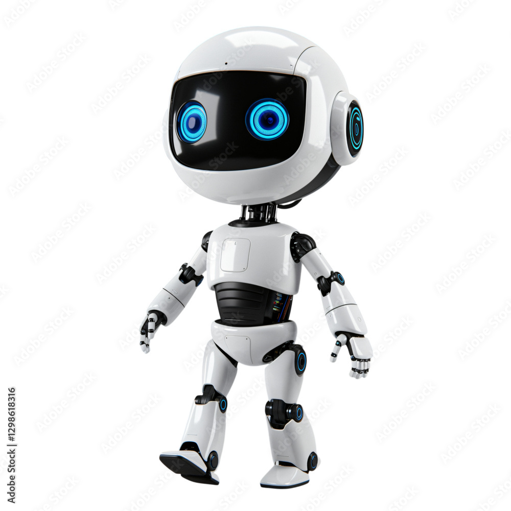 A digitally rendered, adorable, white robot is depicted in a walking pose A digitally rendered, adorable, white robot is depicted in a walking pose