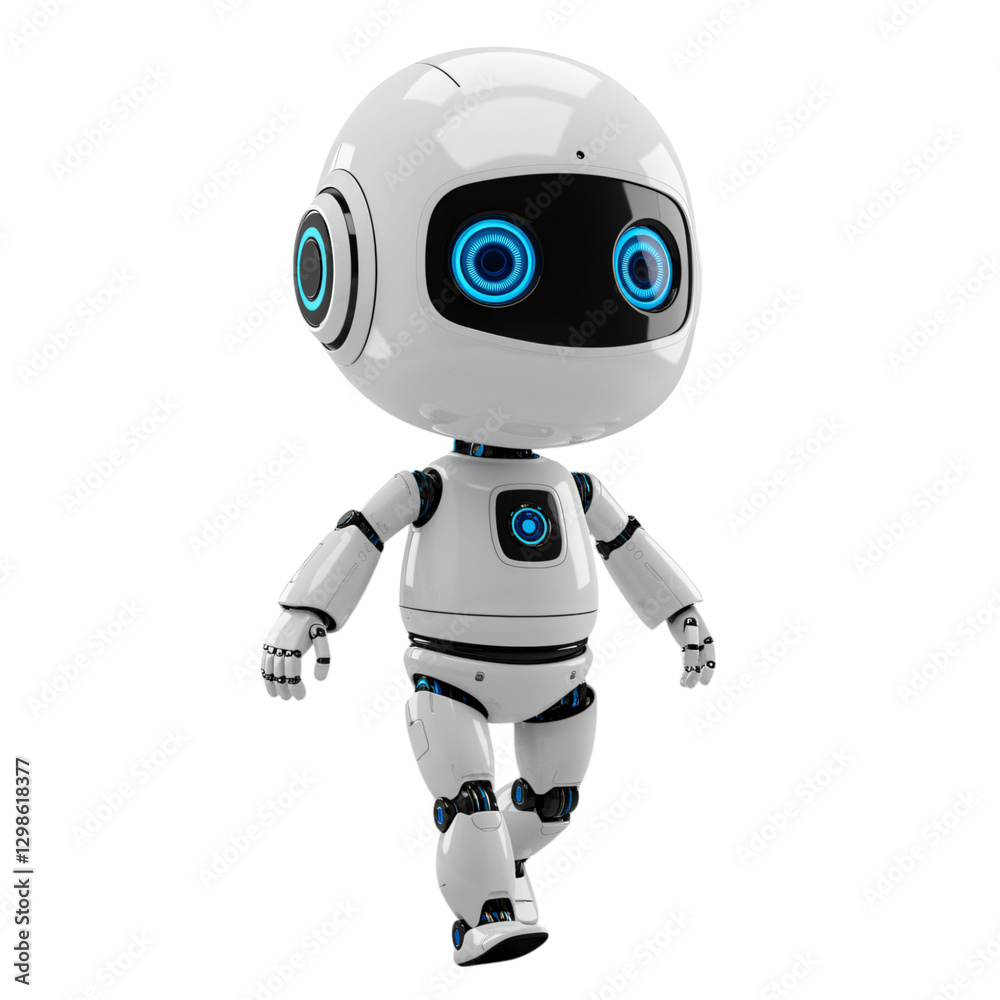 A charming, white robot is depicted in a walking pose A charming, white robot is depicted in a walking pose
