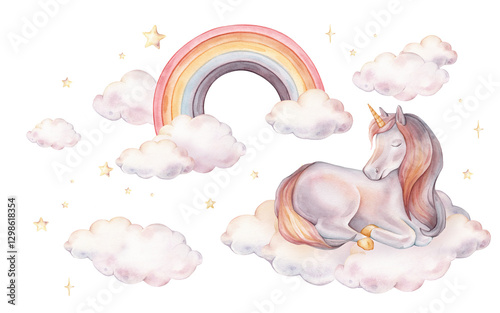 Hand drawn watercolor illustration of the Unicorn sitting on clouds. Cute violet pink horse with stars and rainbow for Baby shower invitations or wall art. Pastel Fantasy pony.