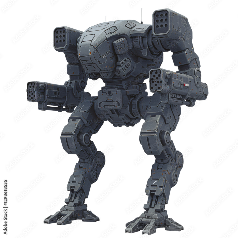 A detailed illustration of a menacing, gray, futuristic war mech A detailed illustration of a menacing, gray, futuristic war mech