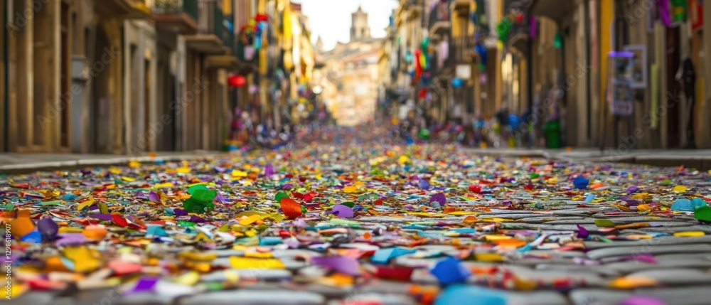 Colorful Confetti Scattered on a Cobblestone Street After a Celebration Colorful Confetti Scattered on a Cobblestone Street After a Celebration