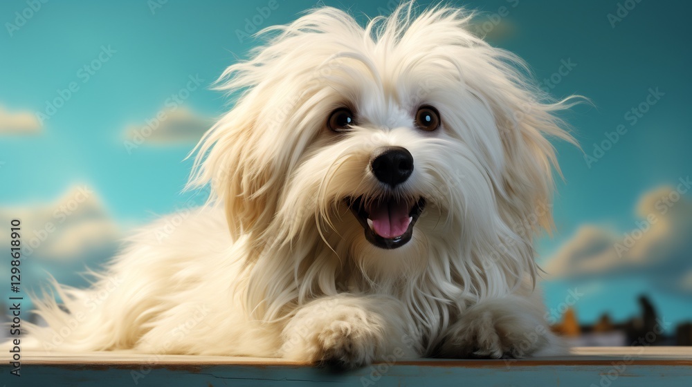 Fluffy white dog posing, happy, studio, blue backdrop Fluffy white dog posing, happy, studio, blue backdrop
