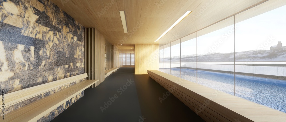 Obraz premium Minimalist Interior with Wooden Walls and Water View