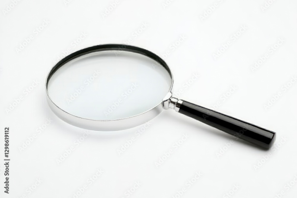 magnifying glass isolated on the left side of the page, with white space around all sides of the illustration, black handle and magnification glass, magnifying glass isolated on the left side of the page, with white space around all sides of the illustration, black handle and magnification glass,