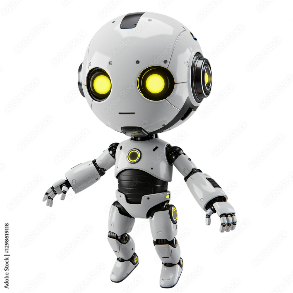 A charming, stylized robot figure with a friendly expression is depicted against a transparent background A charming, stylized robot figure with a friendly expression is depicted against a transparent background