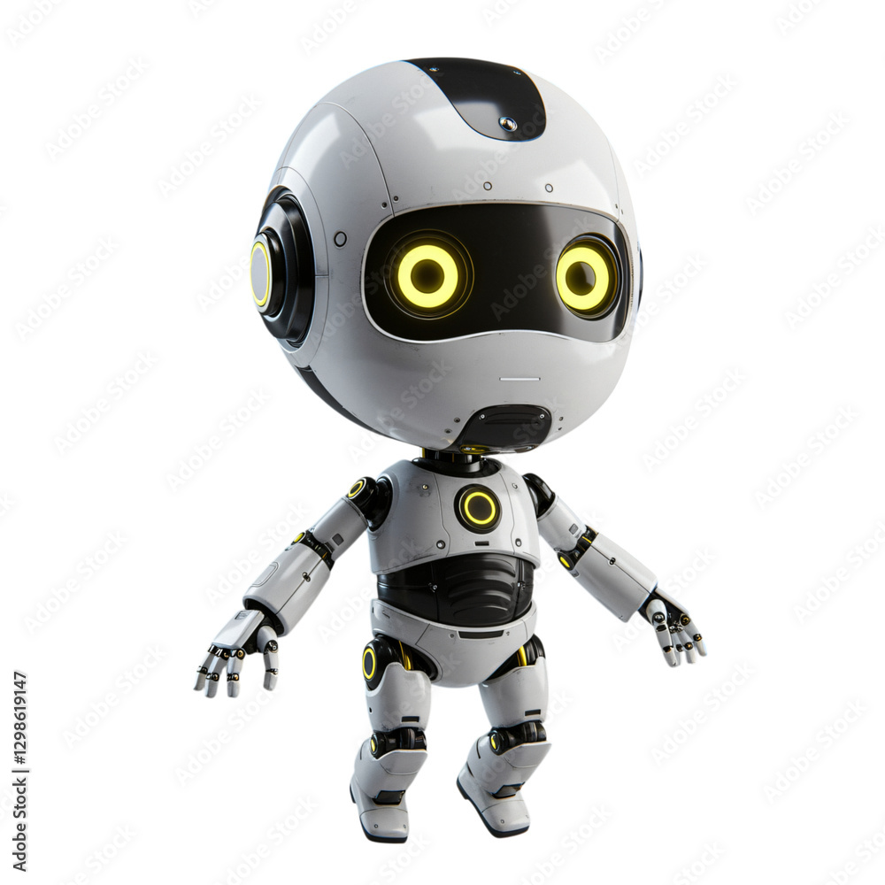 A charming, 3D rendered robot, presented in a modern design with white and black coloring A charming, 3D rendered robot, presented in a modern design with white and black coloring