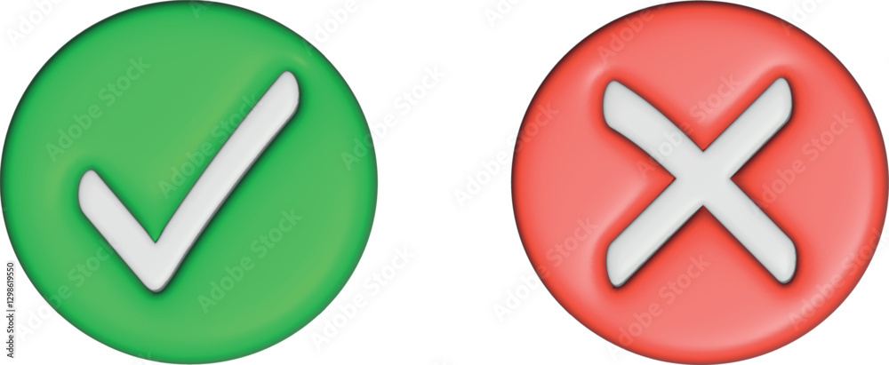 3d sharp green checkmark and red cross. Choice.