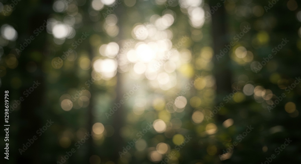 Naklejka premium Sunlit Forest: A blurred image of the sun shining through a dense forest, creating a bokeh effect and a soft, ethereal atmosphere.