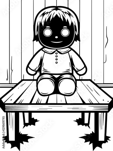 Dark fantasy SVG vector features a supernatural ghost spirit. Black and White Illustration of a Doll Sitting on a Wooden Bench