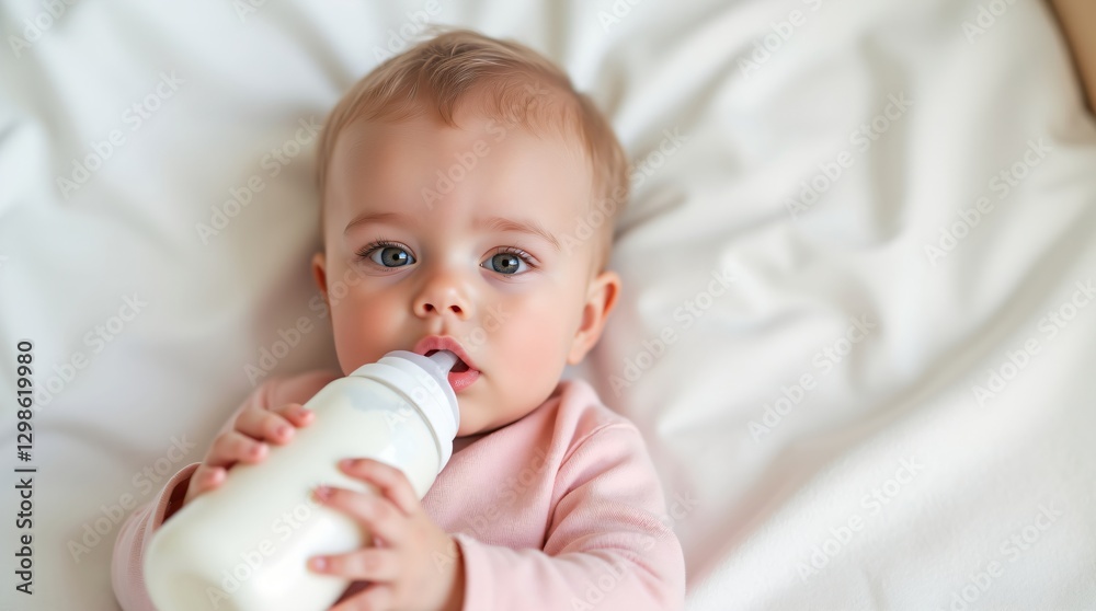 Adorable baby girl drinking milk from bottle on white bedding. Infant feeding, childcare concept. Mother's Day, Children's Day, World Breastfeeding Week awareness.