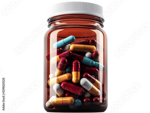 Transparent Background Brown Glass Jar Filled with Colorful Capsules and Pills