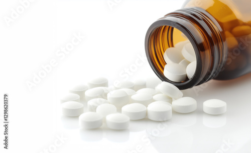Spilled Amber Pill Bottle with White Tablets on White Background