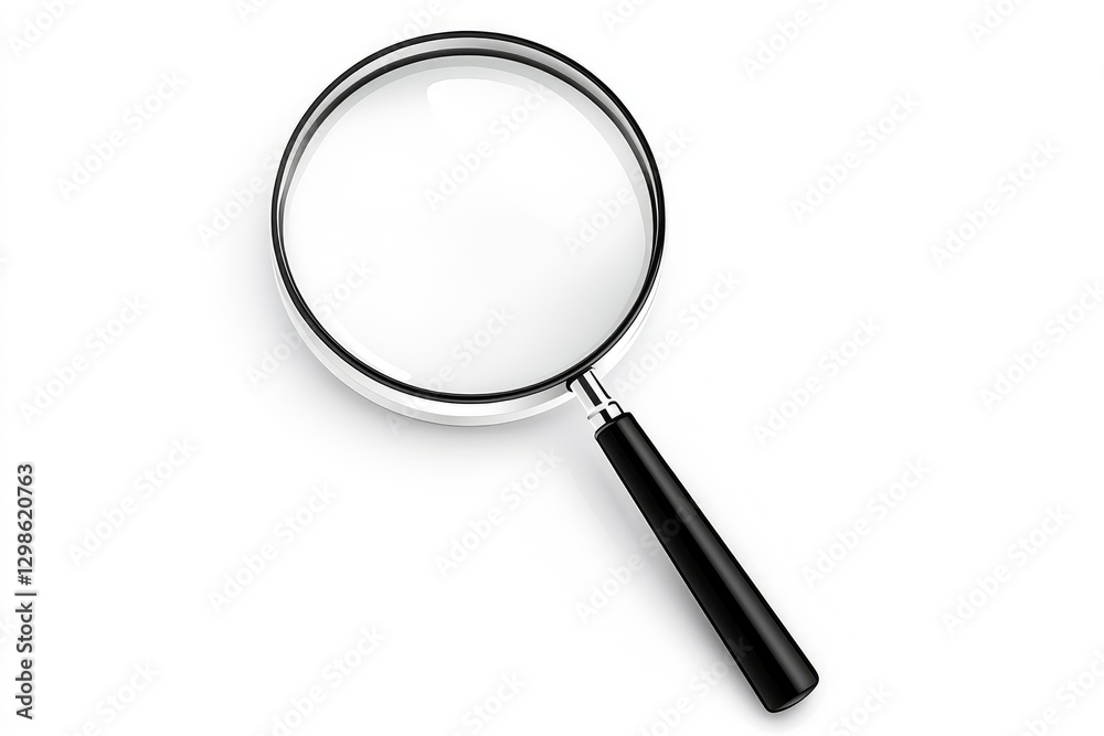 magnifying glass isolated on the left side of the page, with white space around all sides of the illustration, black handle and magnification glass, magnifying glass isolated on the left side of the page, with white space around all sides of the illustration, black handle and magnification glass,
