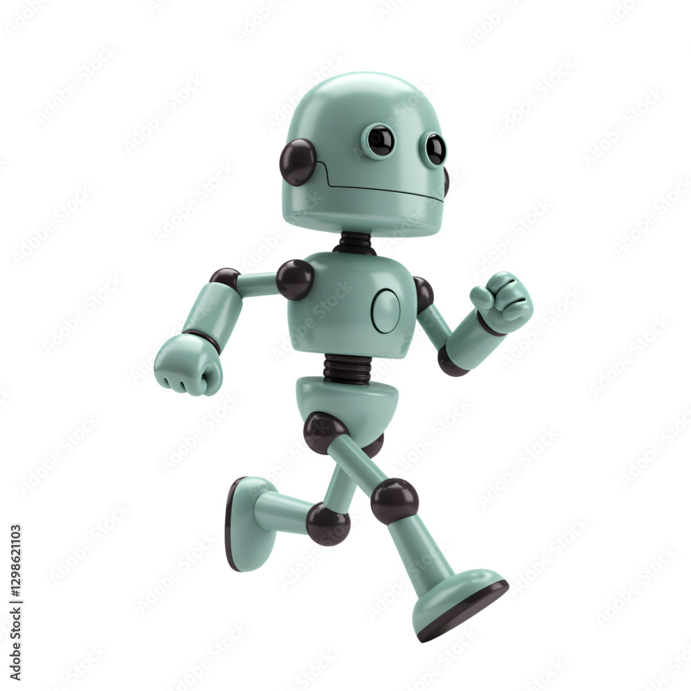 A cartoonish, light teal-gray robot is depicted in a dynamic running pose A cartoonish, light teal-gray robot is depicted in a dynamic running pose