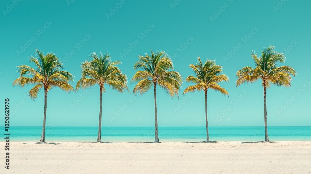 Tropical beach palm trees, turquoise ocean, sunny sky, vacation postcard Tropical beach palm trees, turquoise ocean, sunny sky, vacation postcard