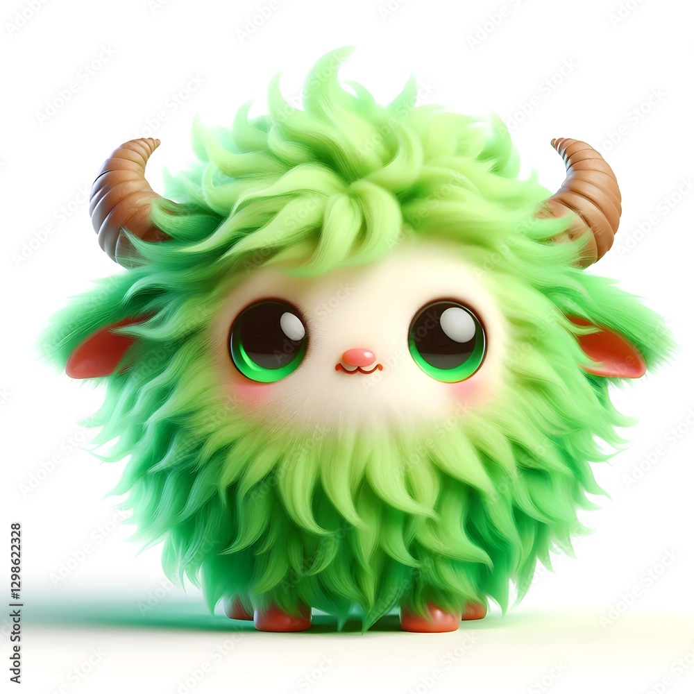 Obraz premium A fluffy, green, cartoon-like goat with large, glossy eyes, tiny ears, and curved horns. It has a soft, woolly texture and an adorable expression