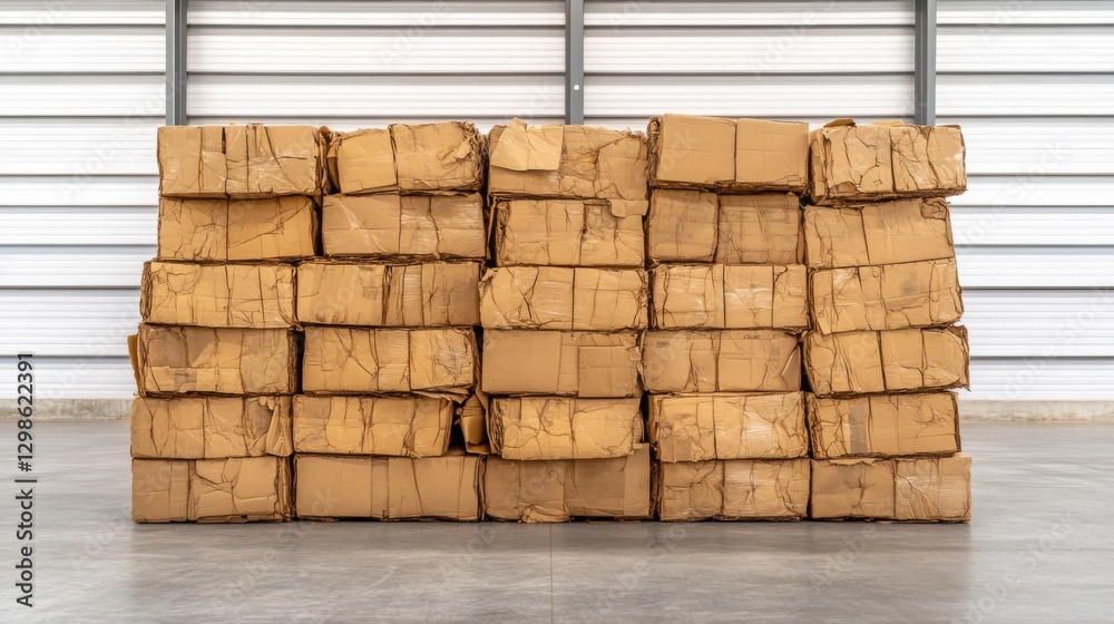 Obraz premium Large, compressed bales of recycled cardboard stacked in an open warehouse, with torn edges 