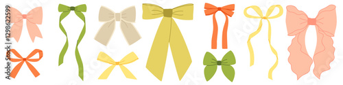 Set of different hair ribbons, bows of different colors with edging, sets of vintage bows for girls. Isolated ribbons. Attributes, decoration of parties, holidays, bow for gift wrapping, box.