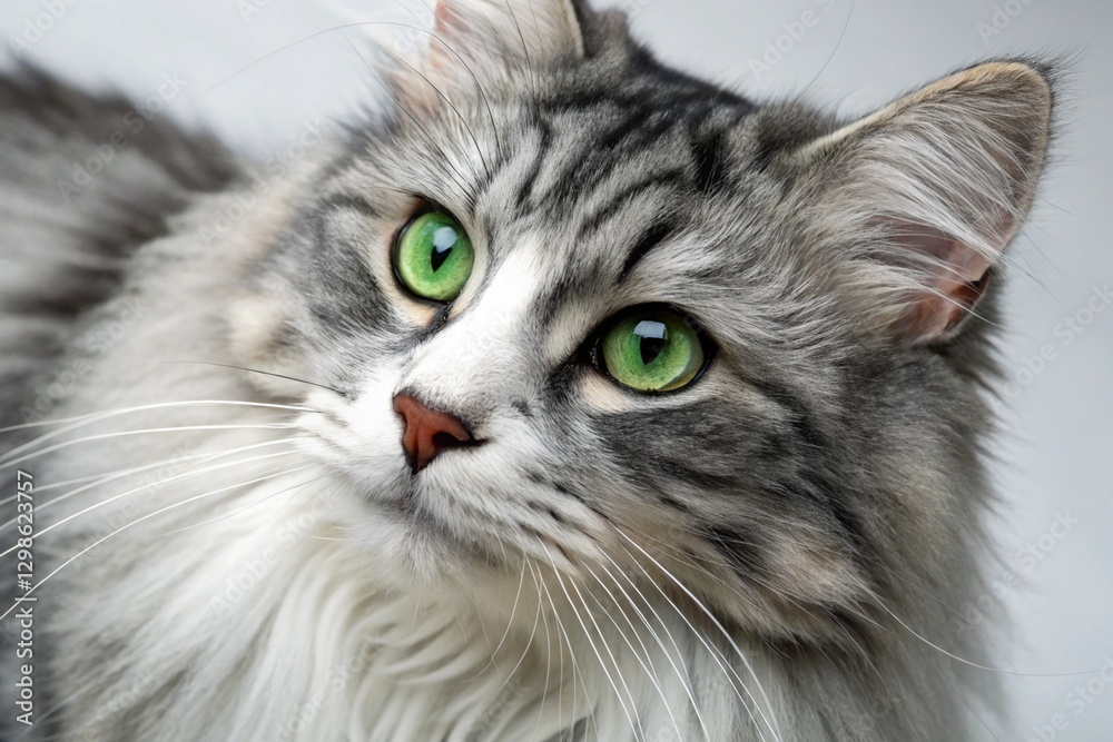 portrait of a gray and white striped cat with striking green eyes, showcasing its beautiful fur and expressive face portrait of a gray and white striped cat with striking green eyes, showcasing its beautiful fur and expressive face