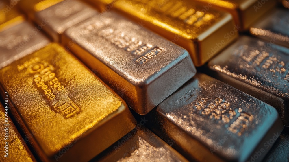 A Stack of Beautifully Arranged Gold, Silver, and Platinum Bars Showcases Their Lustrous Shine A Stack of Beautifully Arranged Gold, Silver, and Platinum Bars Showcases Their Lustrous Shine