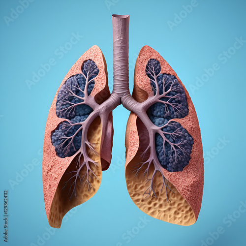 3D Human Lungs with Tuberculosis: A realistic depiction of lungs affected by tuberculosis, showing granulomas and tissue damage. photo