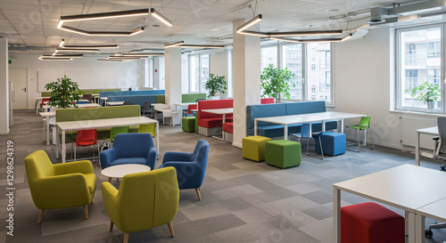 A modern office interior featuring a collaborative workspace with open seating, bright accents, and sleek design elements