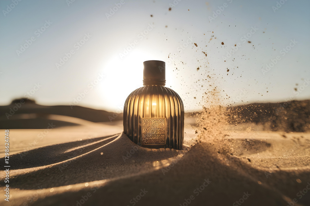 A rugged men’s cologne bottle mockup half-buried in golden desert sand with the sun setting behind it. Wind swirls sand around, highlighting the fragrance’s raw masculinity and adventure