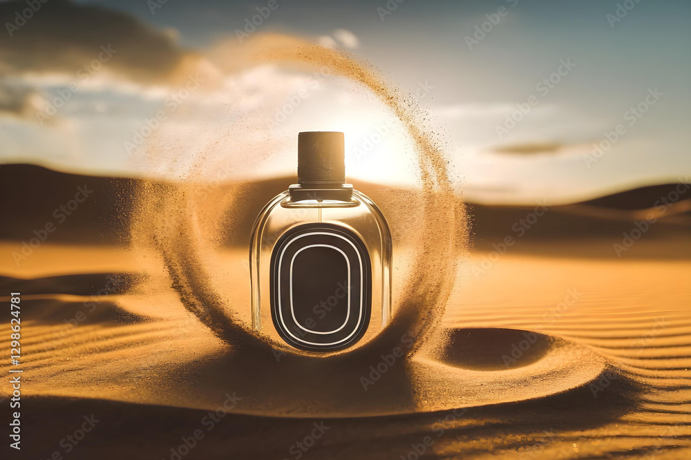 A rugged men’s cologne bottle mockup half-buried in golden desert sand with the sun setting behind it. Wind swirls sand around, highlighting the fragrance’s raw masculinity and adventure