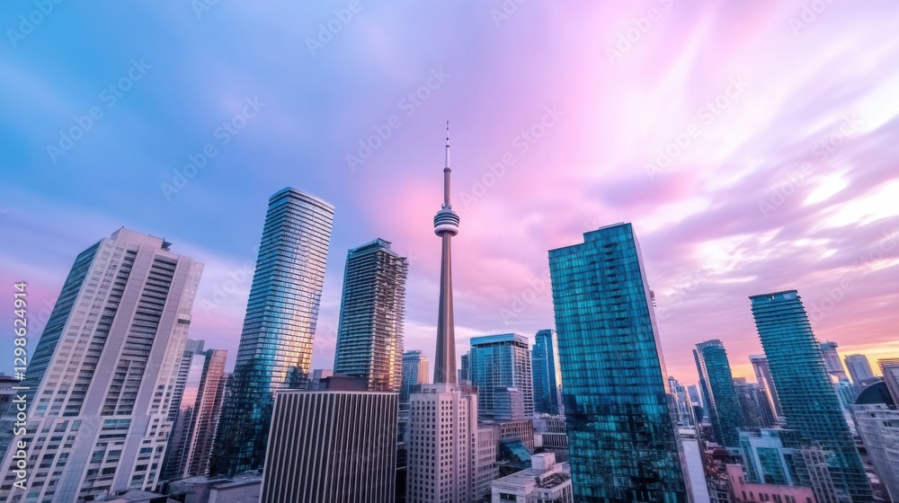 Obraz premium Time-lapse of a city skyline transitioning from sunset to night, vibrant and energetic