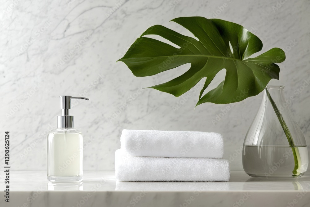 Bathroom Counter with Soap, Towels, and Plant Bathroom Counter with Soap, Towels, and Plant