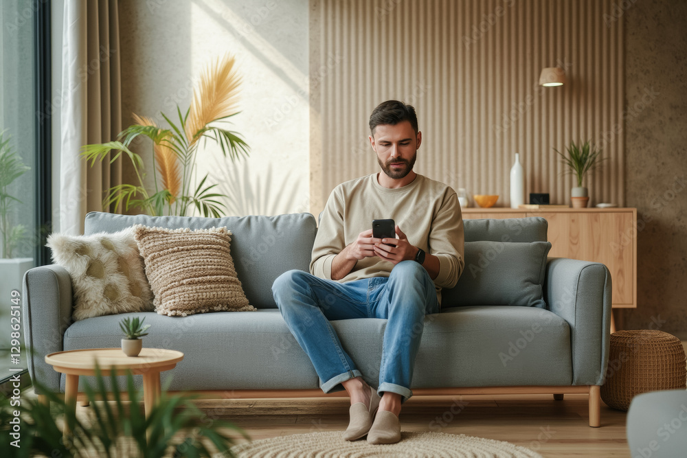 man sits comfortably on a gray sofa using his smartphone in a modern living room man sits comfortably on a gray sofa using his smartphone in a modern living room