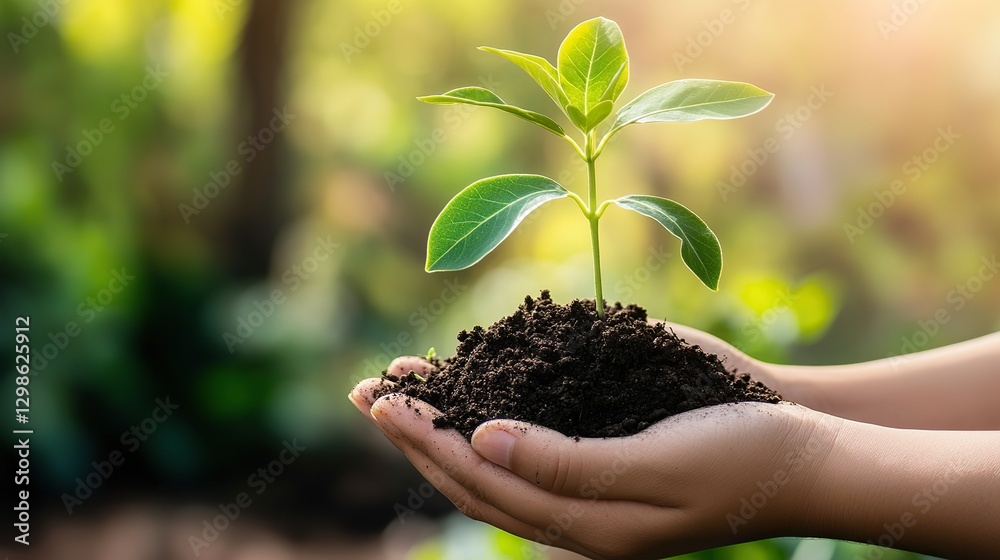 Young plant growing in hand-held soil, embodying eco-friendly sustainability for environmental conservation and agriculture. Green living and food production concept. Young plant growing in hand-held soil, embodying eco-friendly sustainability for environmental conservation and agriculture. Green living and food production concept.