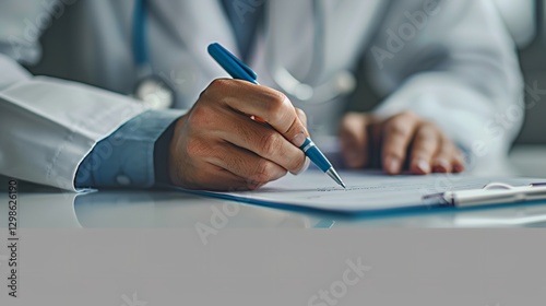 A close-up view of the medical chart is being written by a male physician wearing a stethoscope around her neck and a text area, Generative AI.