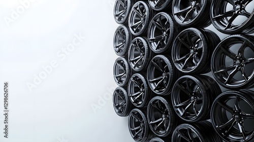 Stacked Black Tires with Silver Alloy Rims on White Background